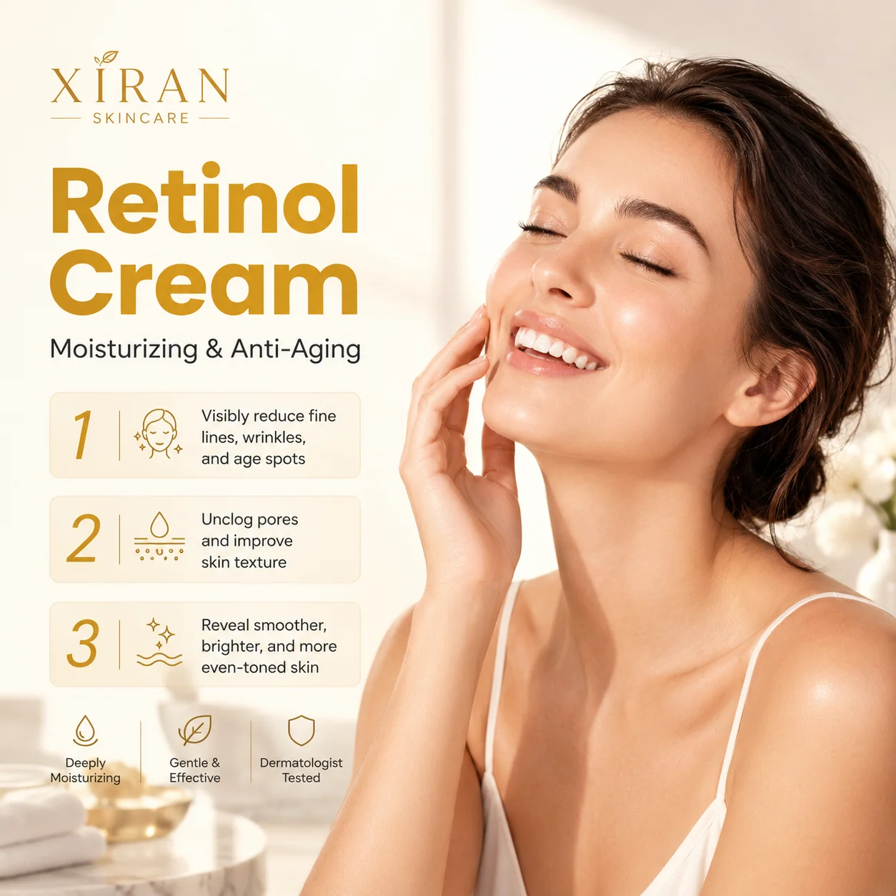 A smiling woman touching her face, alongside benefits of Xiran retinol cream for moisturizing and anti-aging. Product features highlighted.